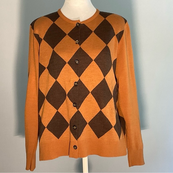 Karen Lessly Brown and Camel Argyle XL Ladies Cardigan, Tortoise Shell Buttons - Picture 1 of 16